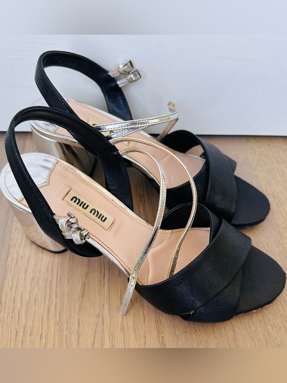 Miu Miu Silver/Black Leather Strap Slingback Sandal - US Size 7